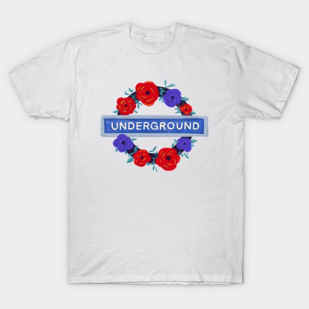 London tube undergound floral sign - watercolor flower wreath T-Shirt by alfrescotree